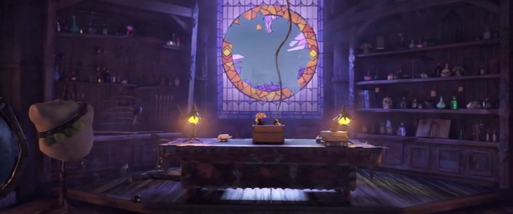 Wide shot of a room with Puss in Boots barely visible at the left edge