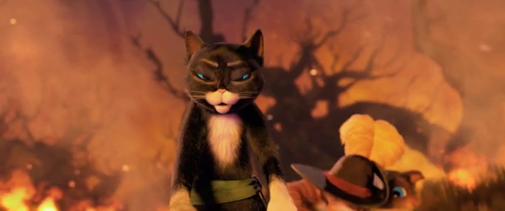 Kitty Softpaws and Puss in Boots together in a fire scene