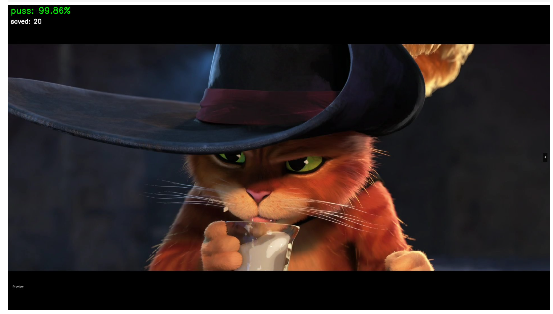 Close-up of Puss in Boots drinking milk from a shot glass, wearing his signature hat