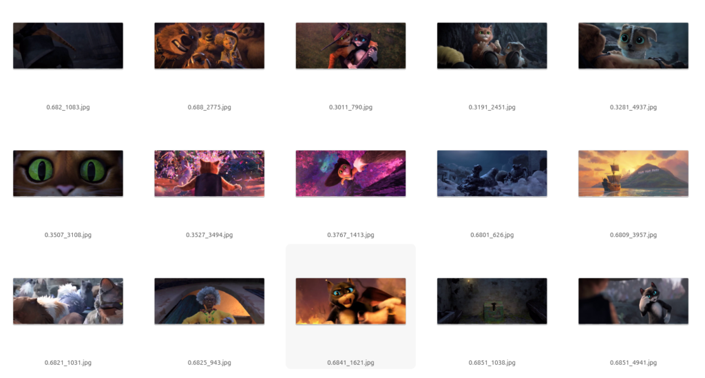 File manager grid showing high-confidence false positives. Each filename starts with the classifier confidence score followed by a frame number.