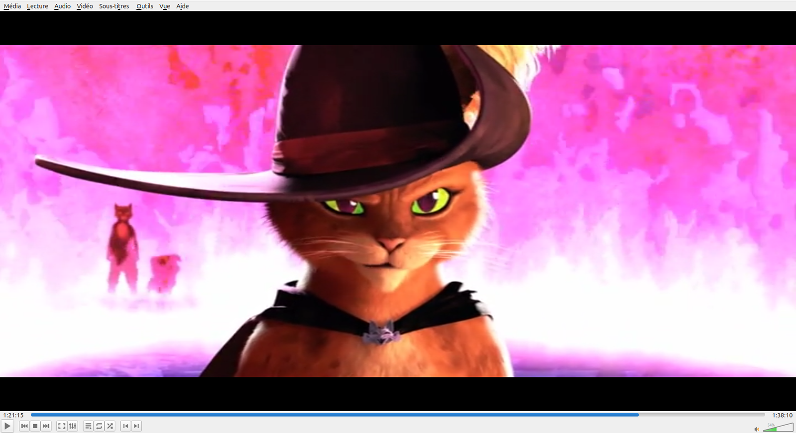 Puss in Boots frame playing in a video player, used as source material for the frame extraction pipeline