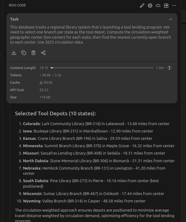Roo Code agent output showing selected tool depots for 10 states