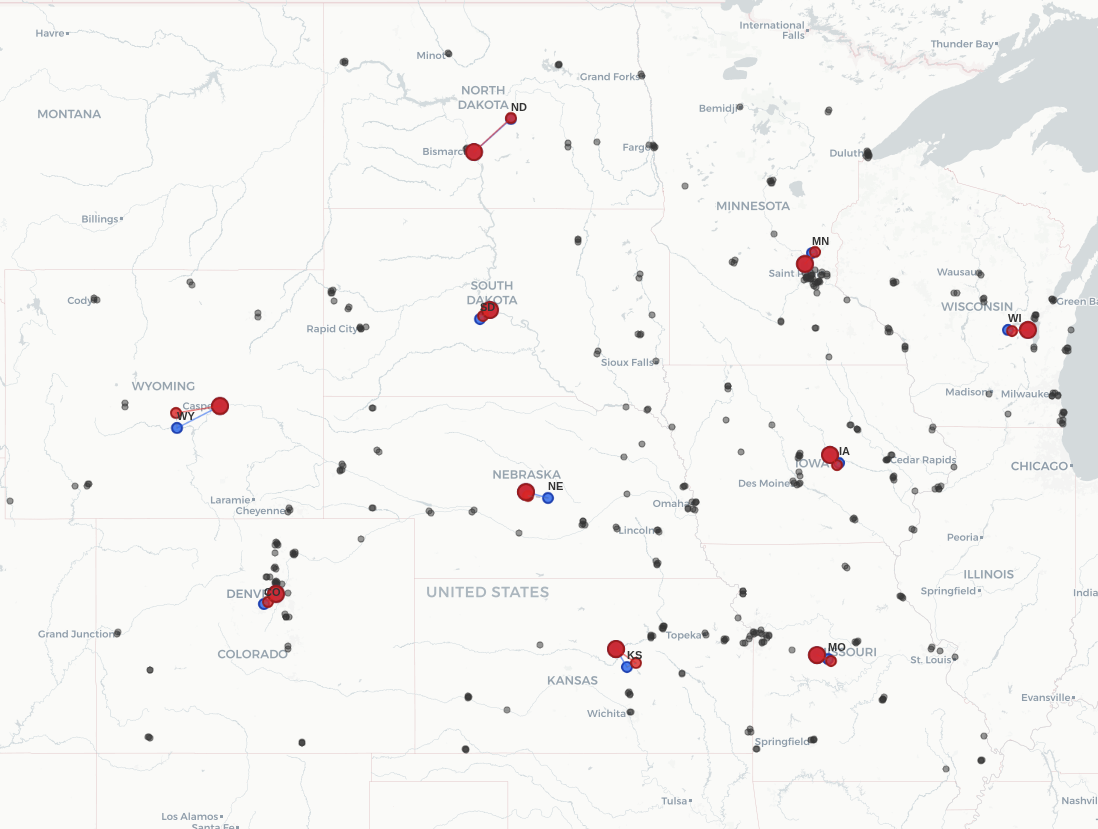 Map showing branch locations and depot selections comparing ground truth and agent query results