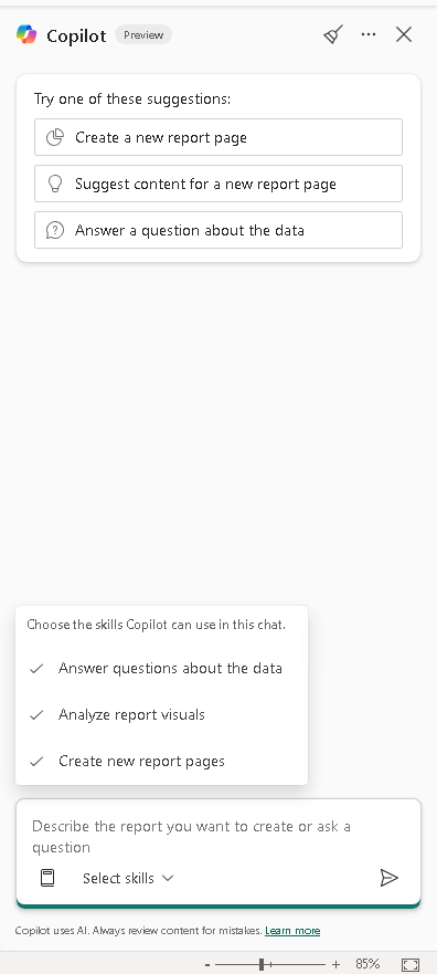 Power BI Desktop Copilot pane showing three skills: Answer questions about the data, Analyze report visuals, Create new report pages