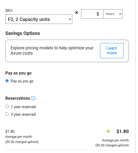 Azure pricing calculator showing F2 with 2 Capacity units at $1.80 per month pay-as-you-go