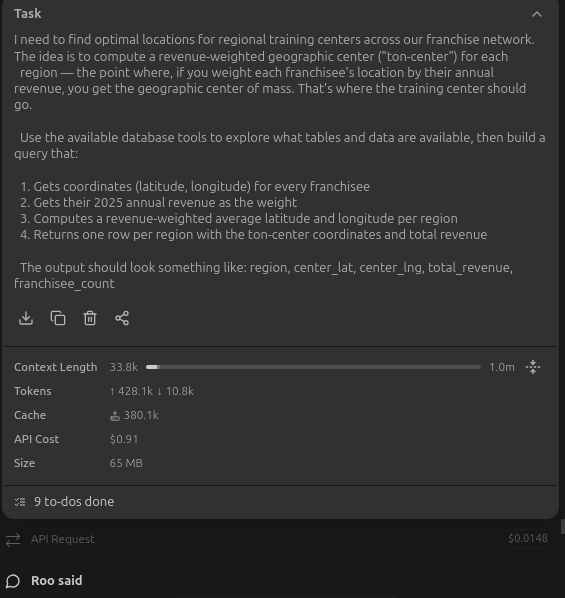 Coding agent session showing a ton-center geographic analysis task with 428k tokens used and $0.91 API cost