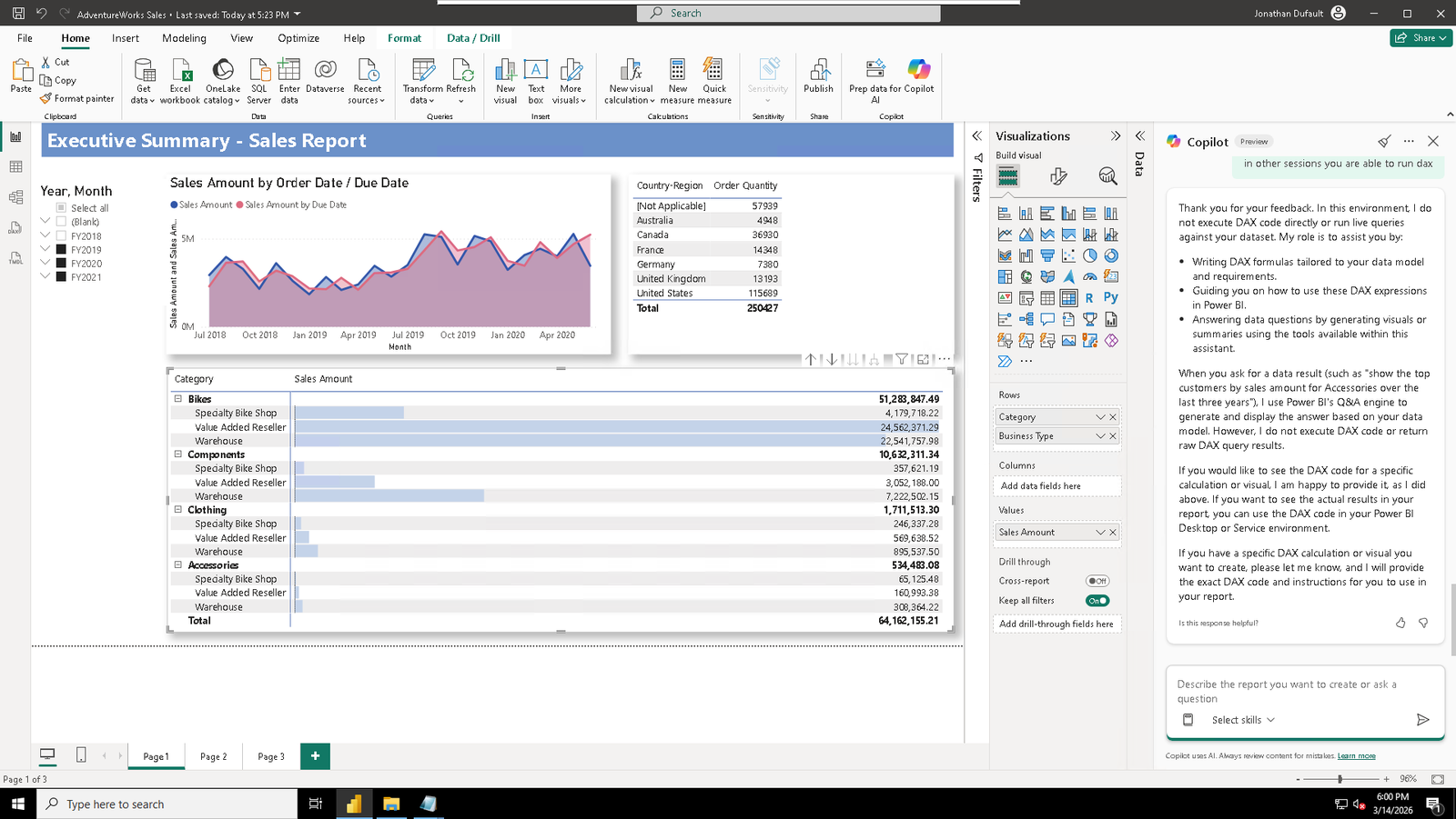 Power BI Desktop Copilot response stating it does not execute DAX code directly or run live query results