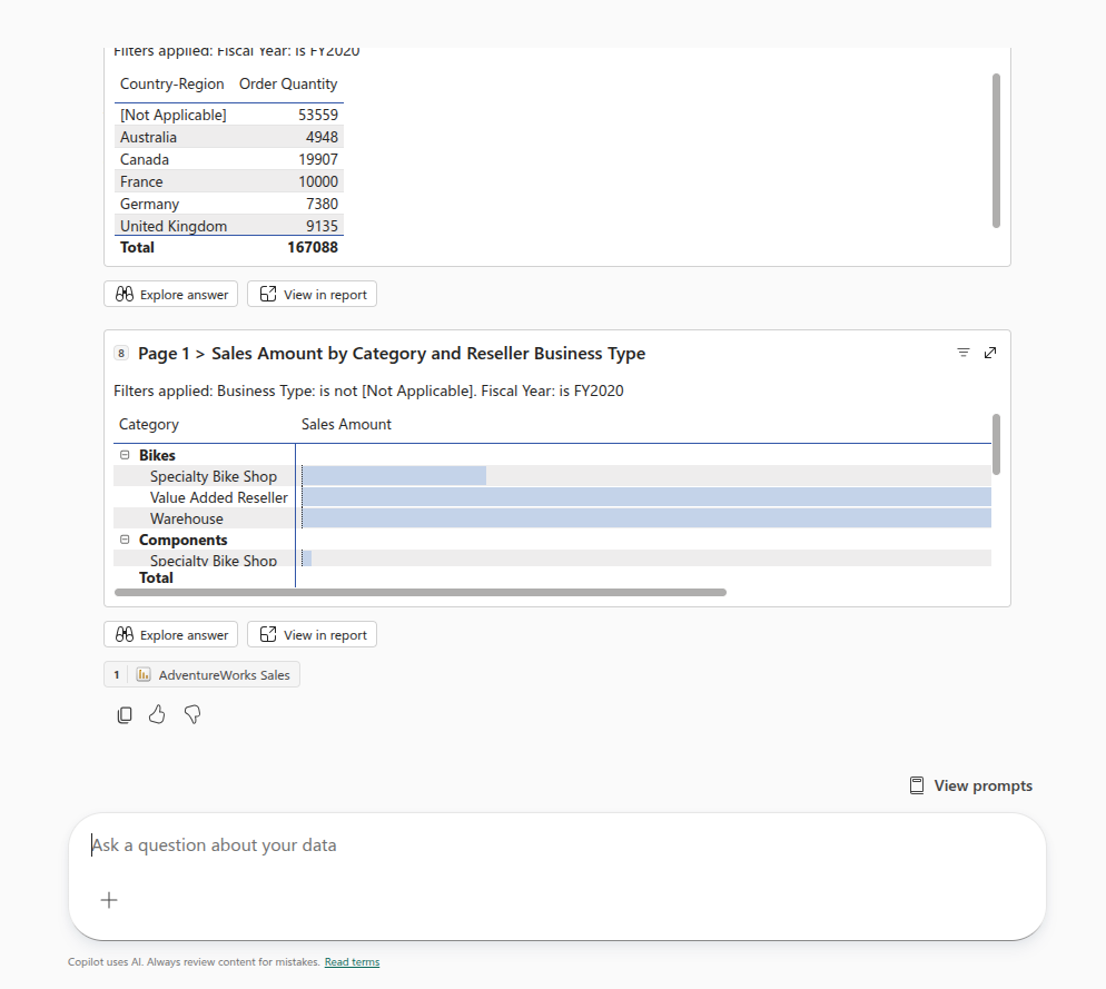 Power BI Service sidebar Copilot showing inline visuals with numbered footnote citations and action buttons