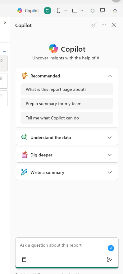 Power BI Service Copilot pane showing task categories: Recommended, Understand the data, Dig deeper, Write a summary