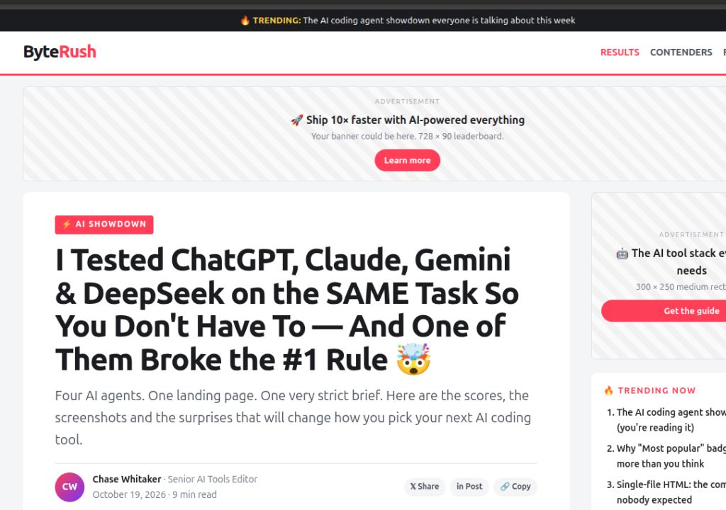 Hero section of the Claude-led article, ByteRush: I Tested ChatGPT, Claude, Gemini & DeepSeek on the SAME Task So You Don't Have To, And One of Them Broke the #1 Rule