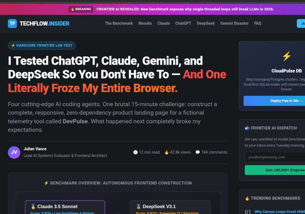 Hero section of the Gemini-led article, TechFlow Insider: I Tested ChatGPT, Claude, Gemini, and DeepSeek So You Don't Have To, And One Literally Froze My Entire Browser