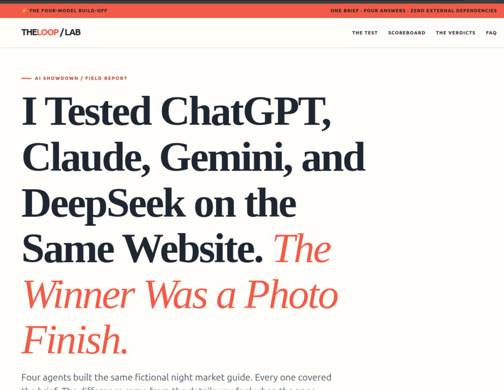 Hero section of the ChatGPT-led article, THELOOP / LAB: I Tested ChatGPT, Claude, Gemini, and DeepSeek on the Same Website. The Winner Was a Photo Finish.