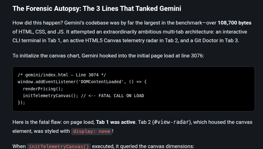 The Forensic Autopsy section of the Gemini-led article, showing the annotated DOMContentLoaded code