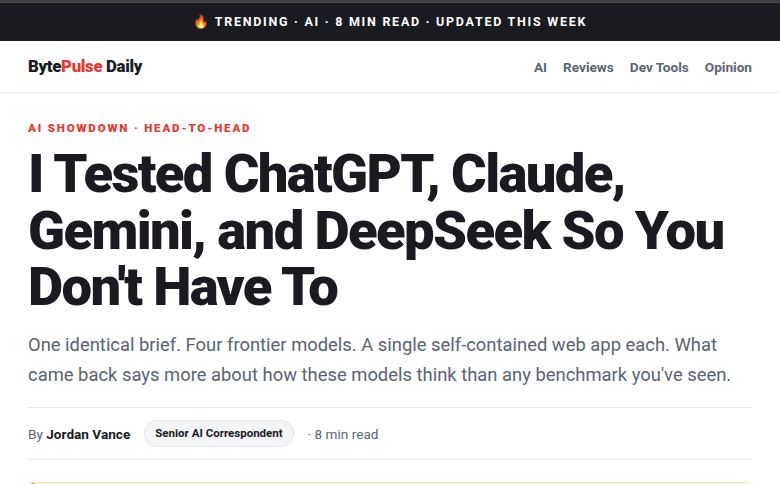 Hero section of the DeepSeek-led article, BytePulse Daily: I Tested ChatGPT, Claude, Gemini, and DeepSeek So You Don't Have To